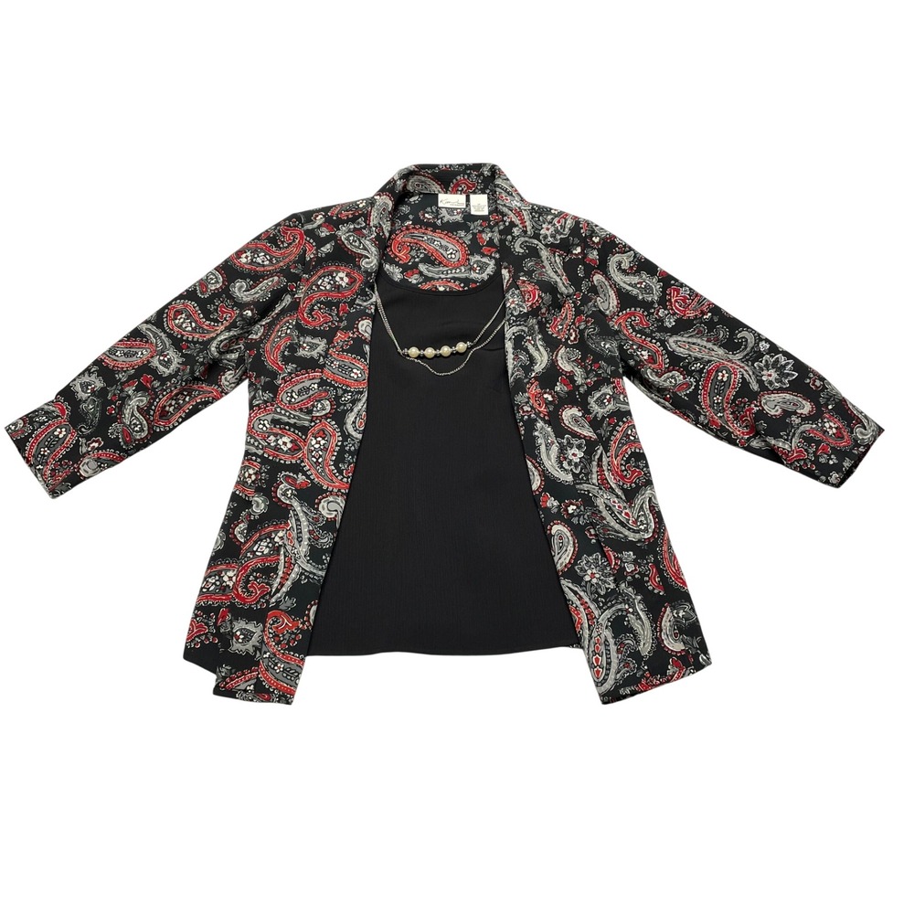 Kim Rogers Womens Top‎ Layered 1 pc Jacket Tank Necklace 1X Black Red Paisley